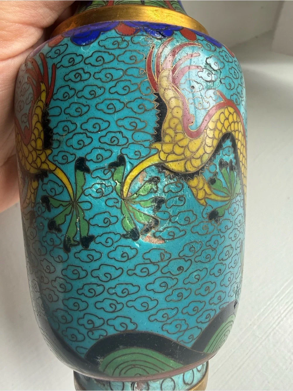 Vintage Turquoise, Yellow and Green Dragon Cloisonné Vase - Picture 3 of 6